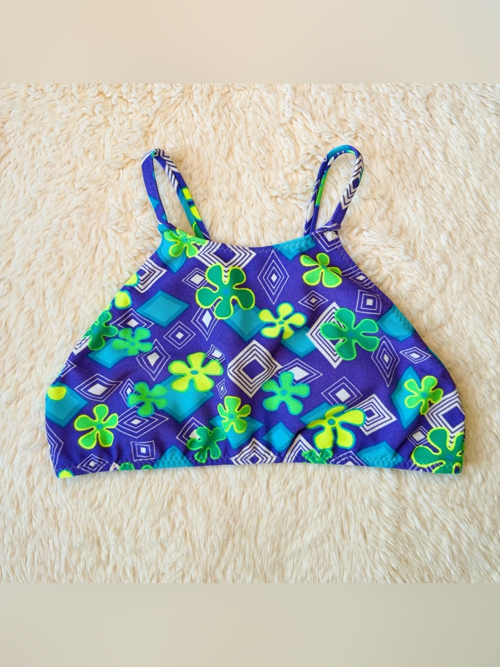 Y2K Vintage 90’s Psychedelic Floral Print Crop Tankini Swim Top Neon Bikini Med